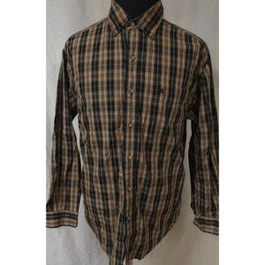 Carhartt Mens Large Black Tan Plaid Button Down Long Sleeve Logo Work Shirt S218